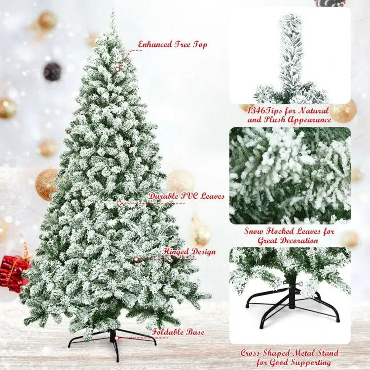 7.5 Feet Snow-Flocked Artificial Christmas Tree with 1346 Tips Hinged and Foldable Base